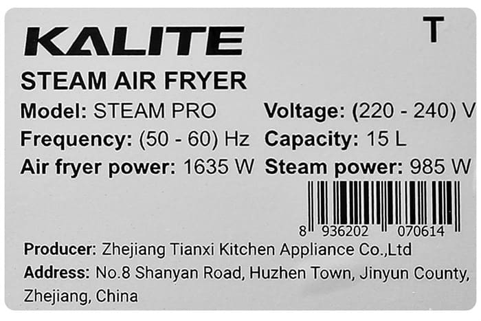 Lò chiên không dầu kết hợp hấp Kalite STEAM PRO 15 lít